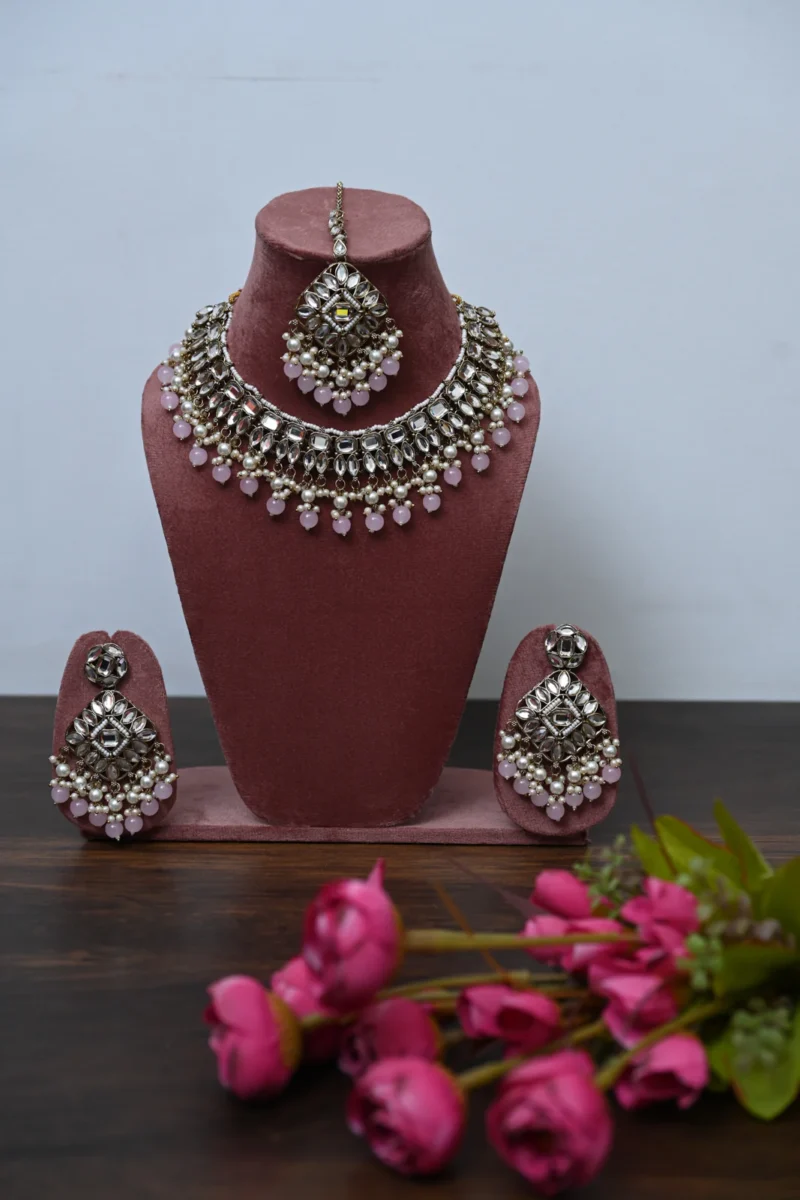 Chandrika Pink & White Necklace with White Stones - Image 2