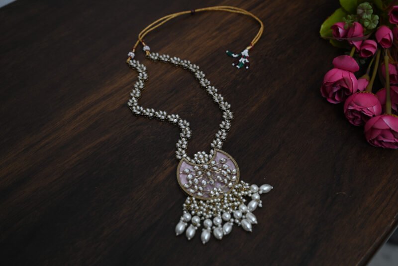 Chandni Mother of Pearl Kundan Pink Long Necklace - Image 2
