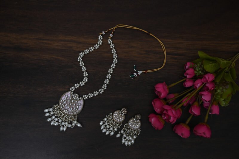 Chandni Mother of Pearl Kundan Pink Long Necklace - Image 3