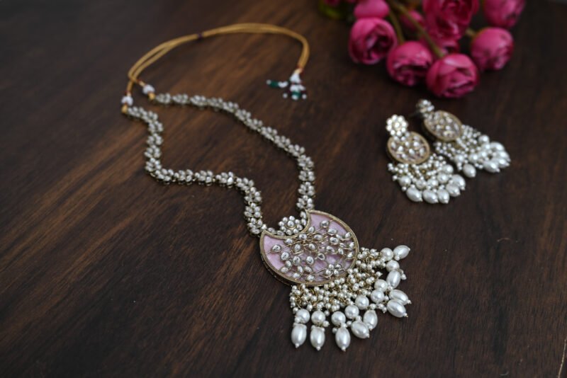 Chandni Mother of Pearl Kundan Pink Long Necklace - Image 5