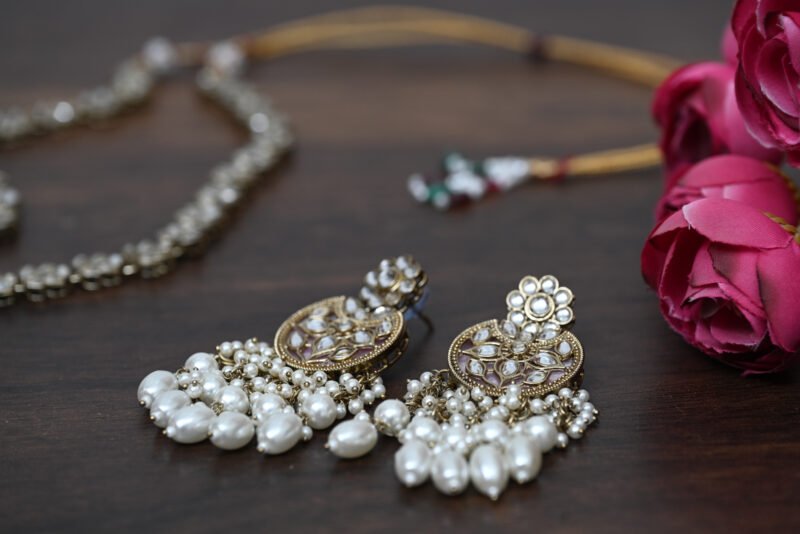 Chandni Mother of Pearl Kundan Pink Long Necklace - Image 6