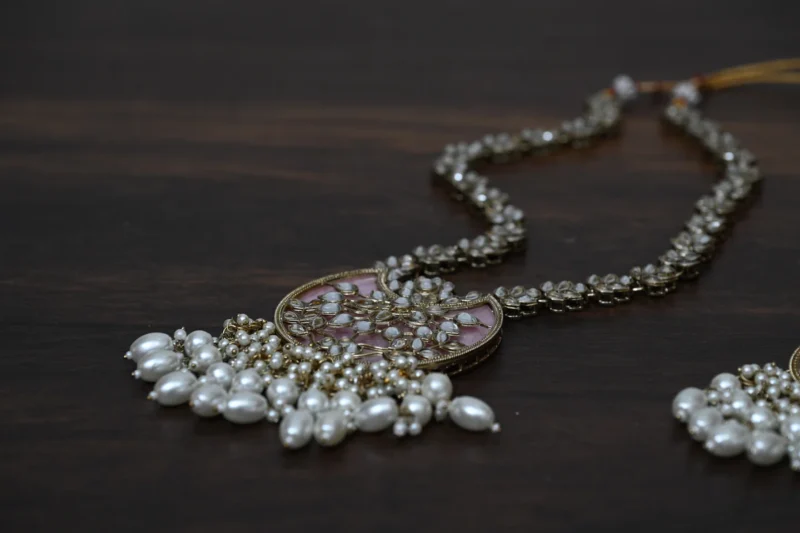 Chandni Mother of Pearl Kundan Pink Long Necklace - Image 8