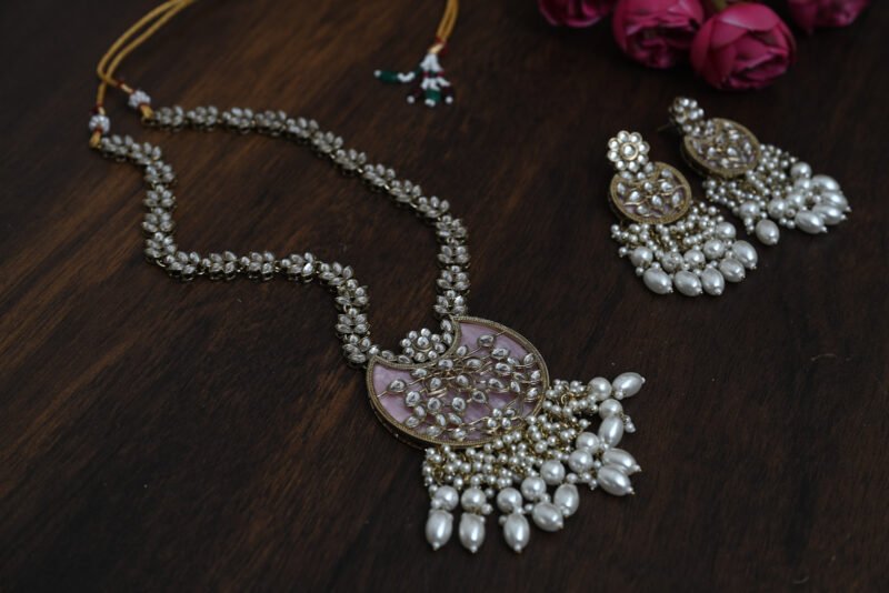 Chandni Mother of Pearl Kundan Pink Long Necklace - Image 10
