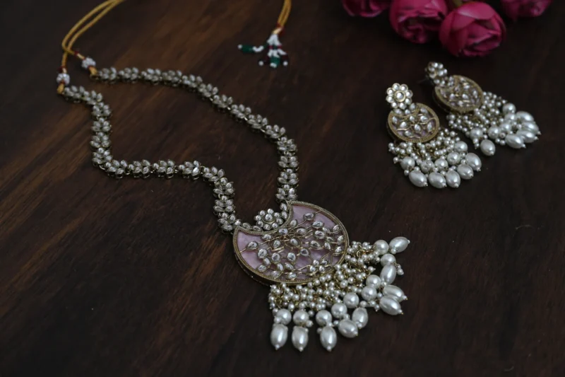 Chandni Mother of Pearl Kundan Pink Long Necklace - Image 9