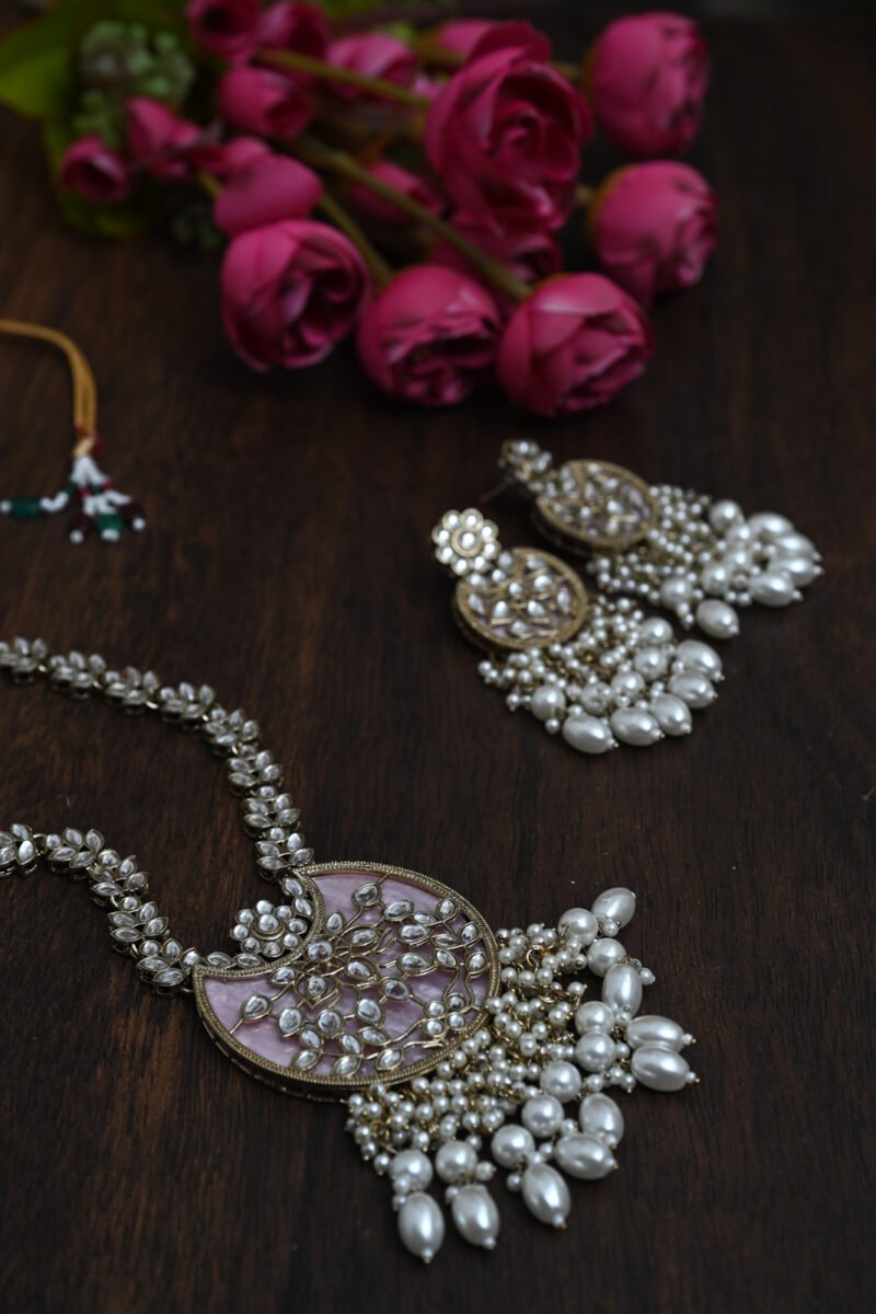 Chandni Mother of Pearl Kundan Pink Long Necklace - Image 11