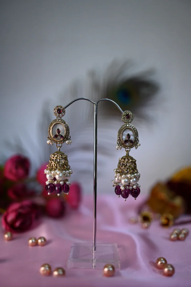 Gulbadan Pearls Purple and White Jhumkis - Image 2