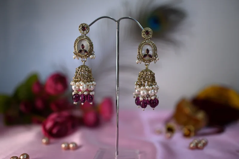 Gulbadan Pearls Purple and White Jhumkis - Image 3
