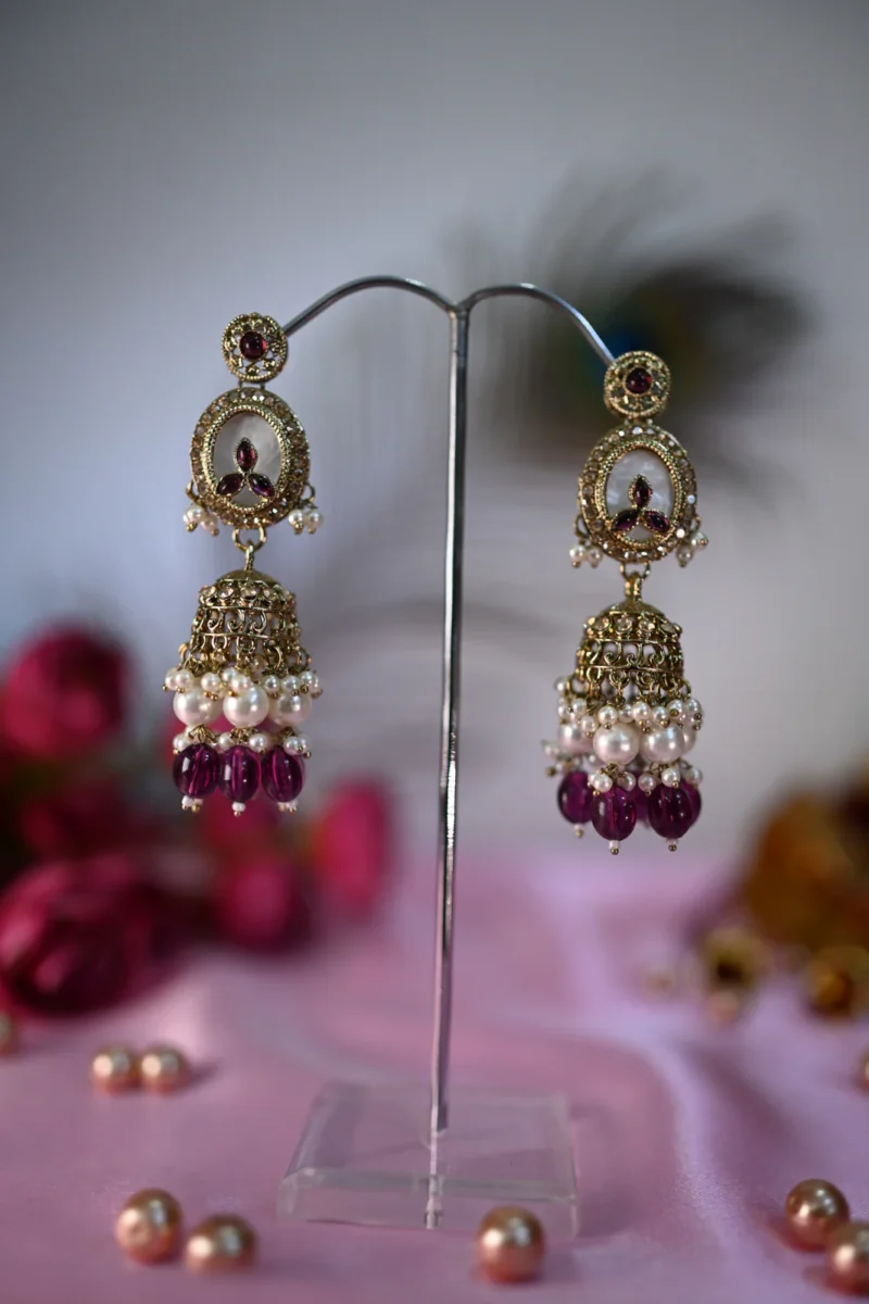 Gulbadan Pearls Purple and White Jhumkis