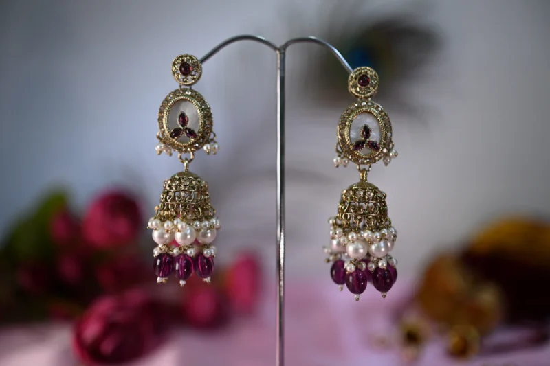 Gulbadan Pearls Purple and White Jhumkis - Image 5