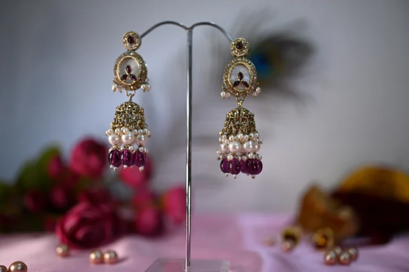 Gulbadan Pearls Purple and White Jhumkis - Image 6