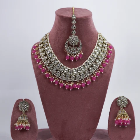 Niia Kundan Pearl Pink Necklace With Jhumkis And Tikka