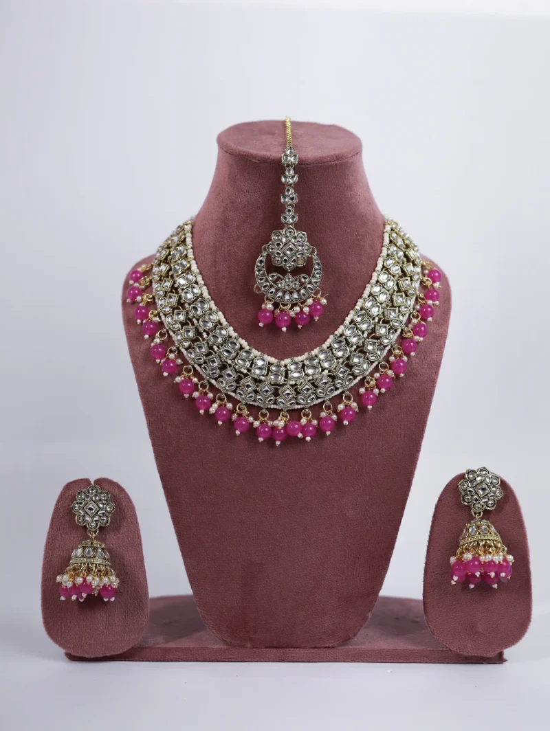 Niia Kundan Pearl Pink Necklace With Jhumkis And Tikka