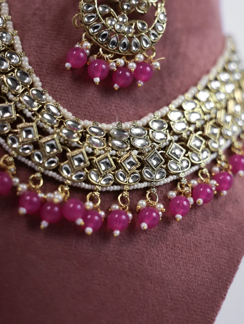 Niia Kundan Pearl Pink Necklace With Jhumkis And Tikka - Image 3