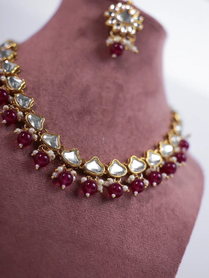 Kanika Pearl Gold Kundan ruby Necklace Set - Image 4