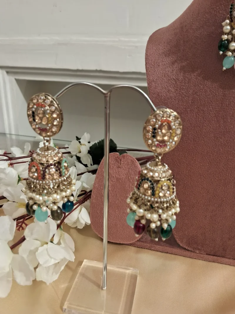 Rang Mahal multicolored Jhumkis with Tikka - Image 2