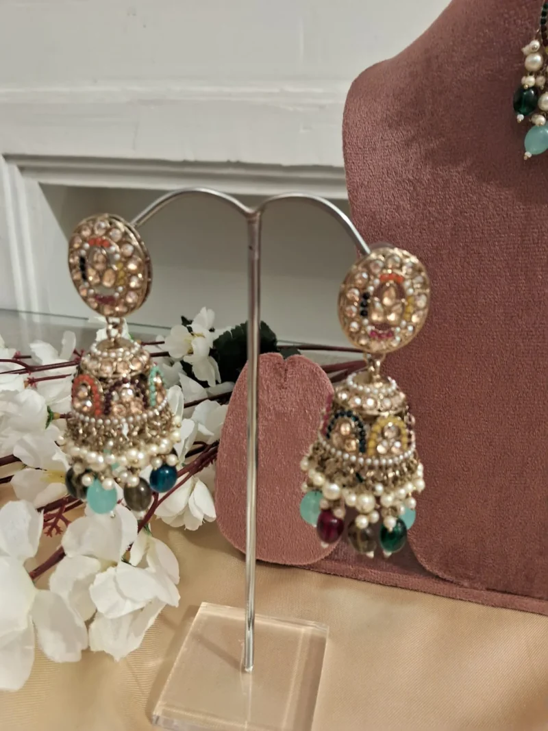 Rang Mahal multicolored Jhumkis with Tikka - Image 4