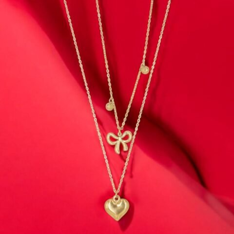 Golden Bow & Heart Layered Pendant