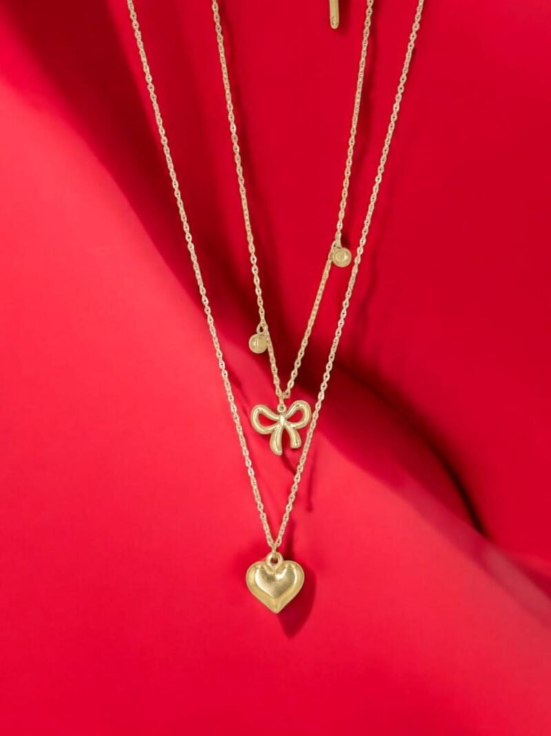 Golden Bow & Heart Layered Pendant