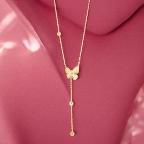 Gold Butterfly Drop Pendant – Delicate Lariat Style Necklace