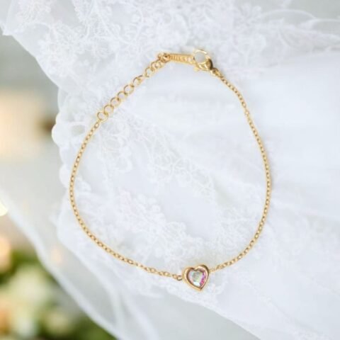 Dainty Gold Bracelet with Crystal Heart Charm
