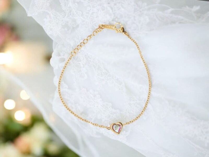 Dainty Gold Bracelet with Crystal Heart Charm