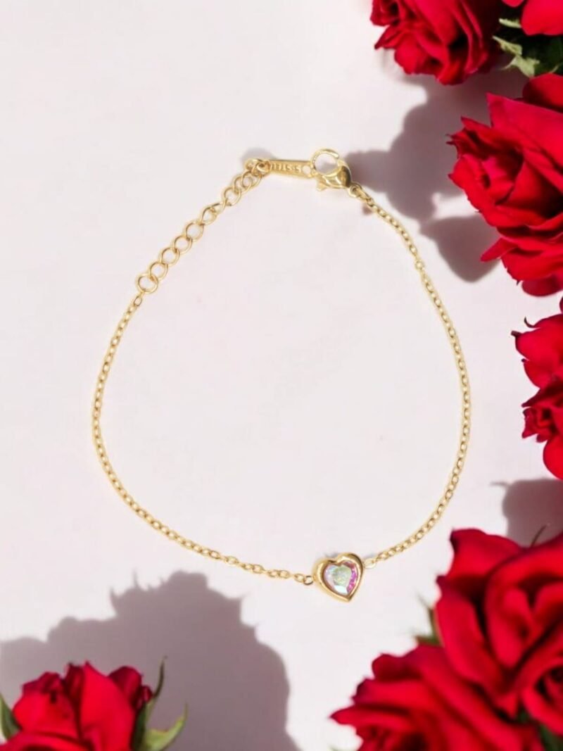 Dainty Gold Bracelet with Crystal Heart Charm - Image 2