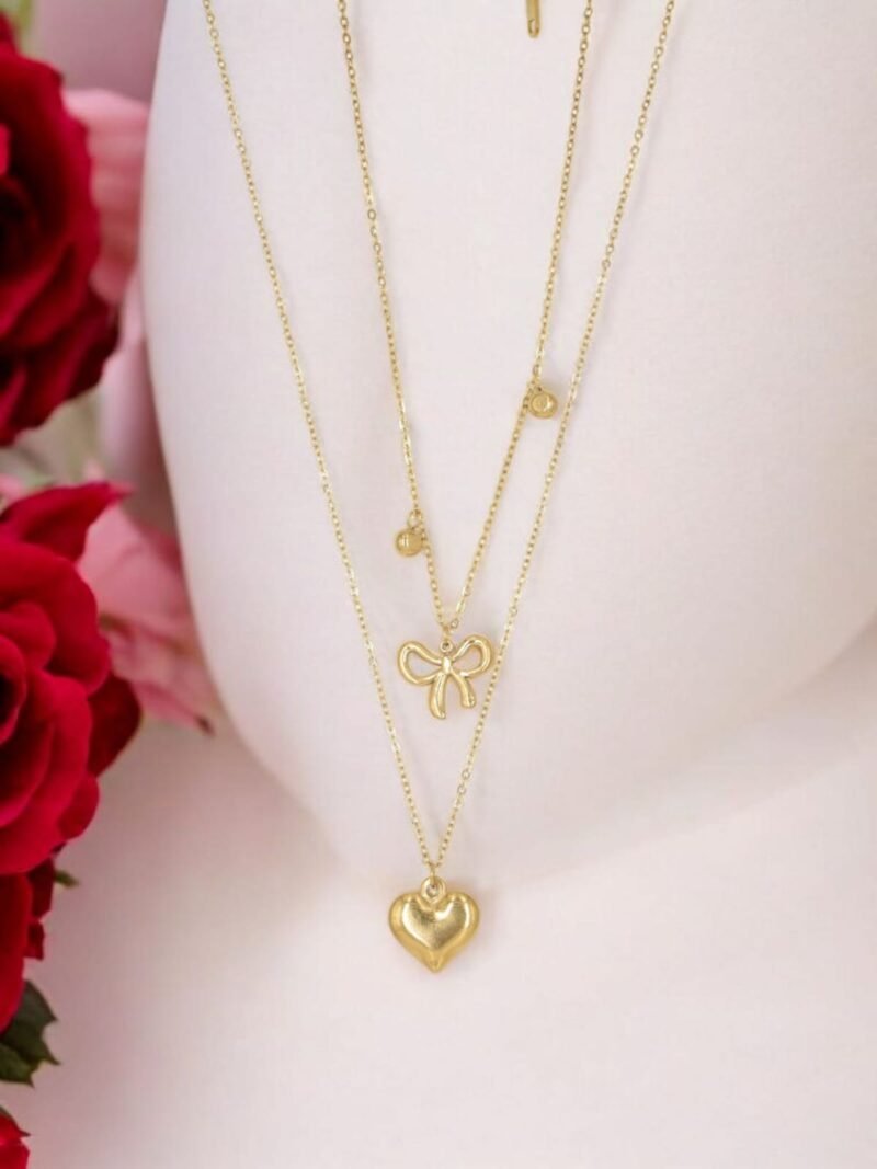 Golden Bow & Heart Layered Pendant - Image 2