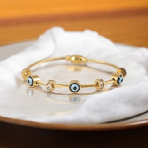 Guardian Glint Bracelet – Evil Eye Beads on Gold Cable Design