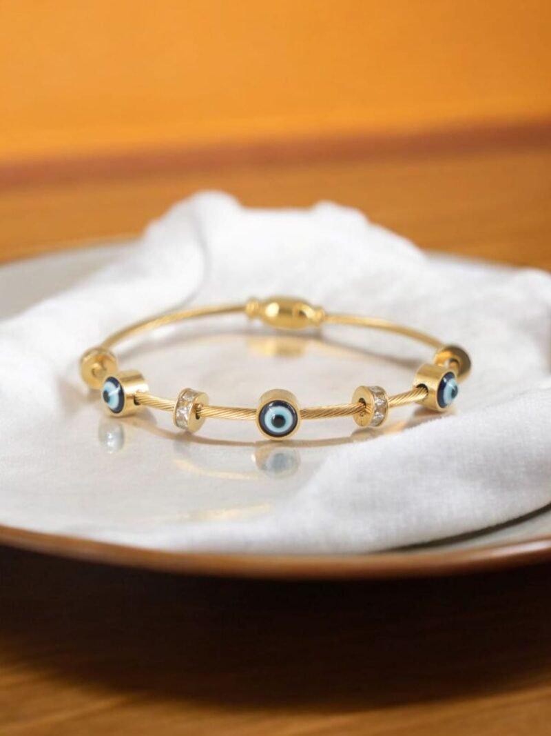 Guardian Glint Bracelet – Evil Eye Beads on Gold Cable Design