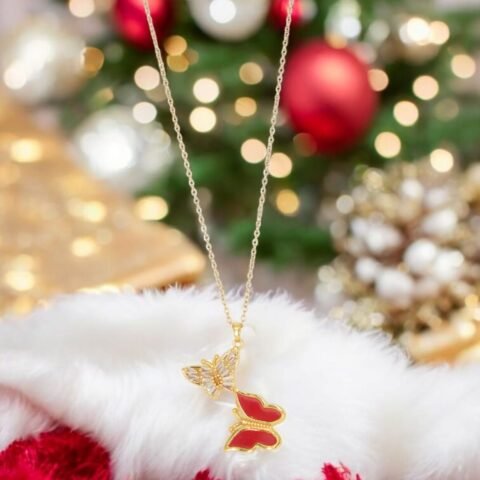 Golden Butterfly Duo Pendant – Red Enamel & CZ Wings