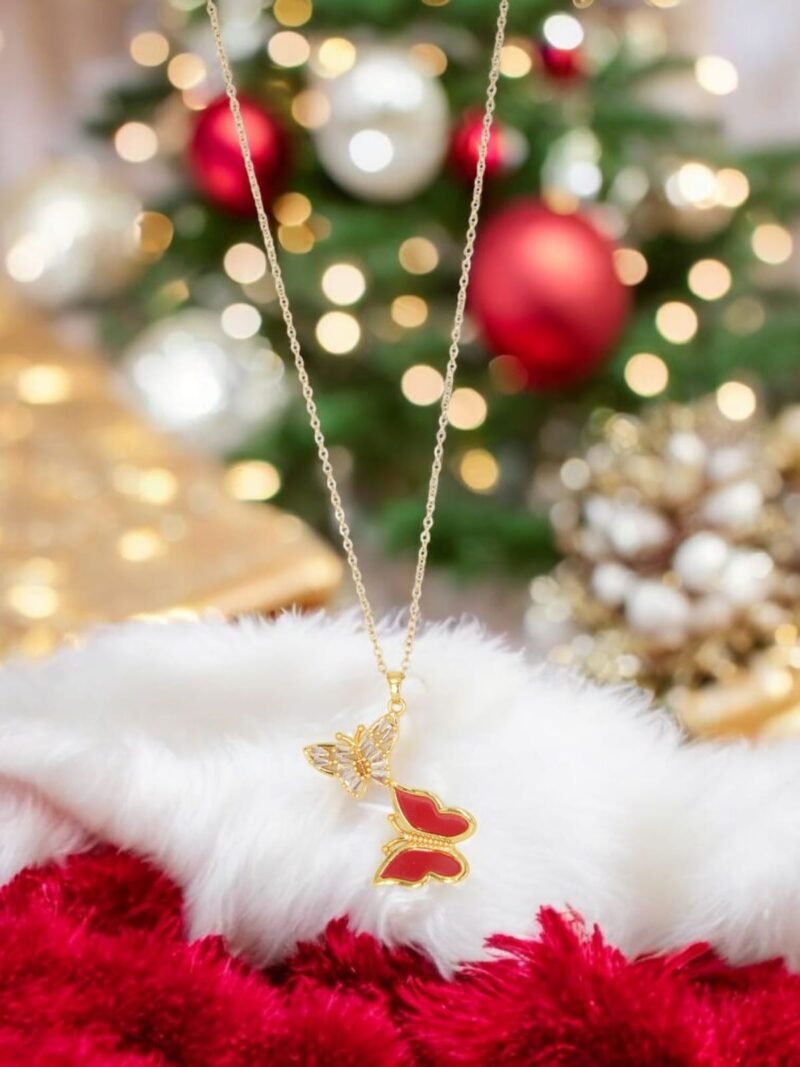 Golden Butterfly Duo Pendant – Red Enamel & CZ Wings