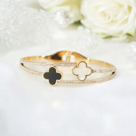 Monochrome Grace Dual Clover Charm with Crystal Bands