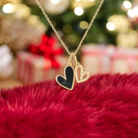 Black & CZ Double Heart Pendant – Love-Inspired Gold Charm