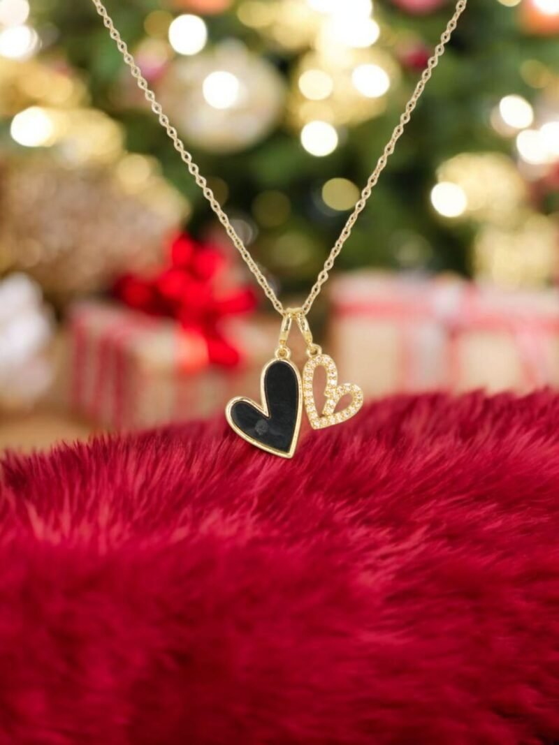 Black & CZ Double Heart Pendant – Love-Inspired Gold Charm