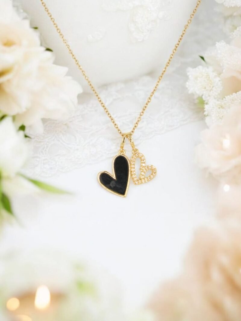 Black & CZ Double Heart Pendant – Love-Inspired Gold Charm - Image 2