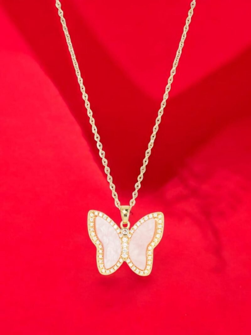 Baby Pink Butterfly Pendant – CZ-Stone Border & Gold Chain - Image 2