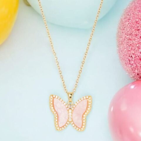 Baby Pink Butterfly Pendant – CZ-Stone Border & Gold Chain
