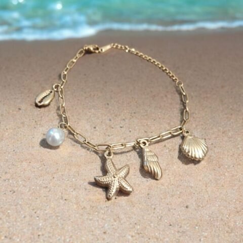 Sea Charm Gold Bracelet – Starfish, Shell & Pearl
