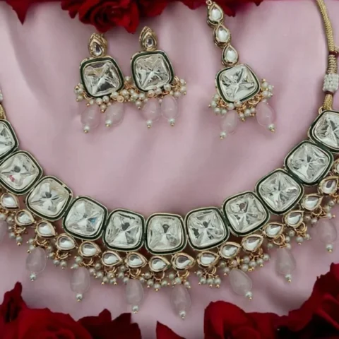Aahana Polki Kundan Pink pearl necklace Set one