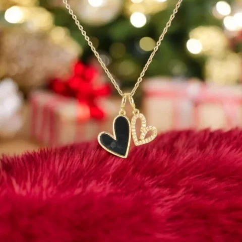Black & CZ Double Heart Pendant – Love-Inspired Gold Charm one