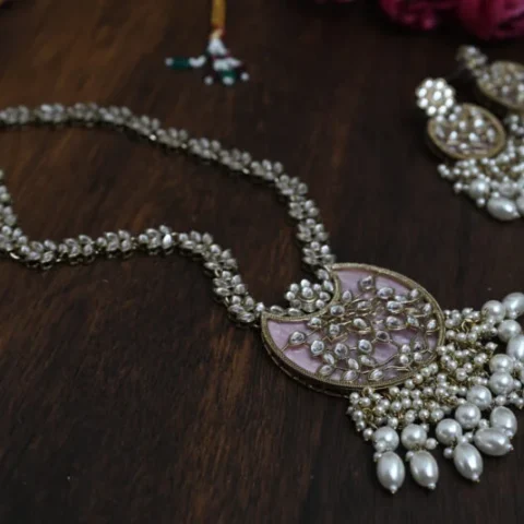 Chandni Mother of Pearl Kundan Pink Long Necklace one
