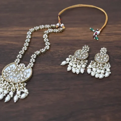 Chandni white Mother of Pearl Kundan Long Necklace p1