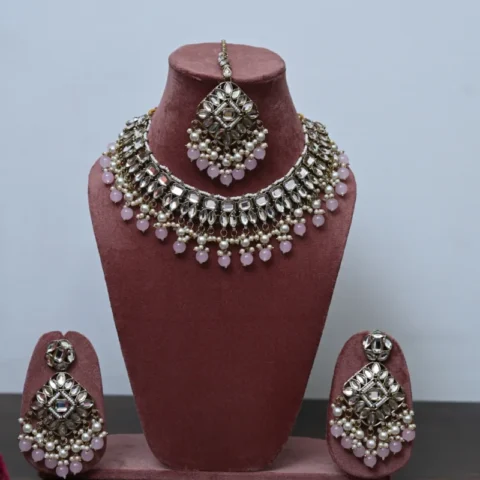 Chandrika Pink & White Necklace with White Stones