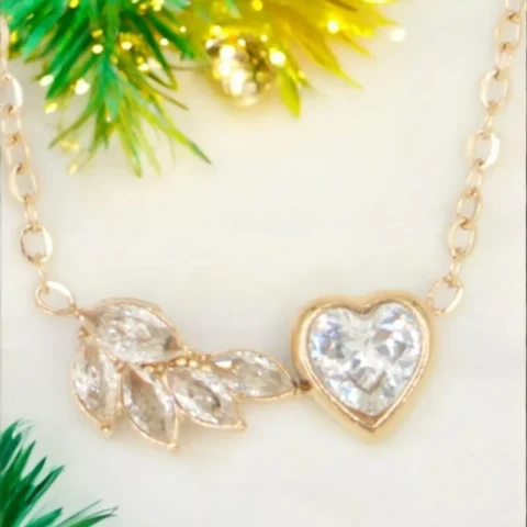 Crystal Leaf & Heart Pendant – Gold-Tone CZ Necklace