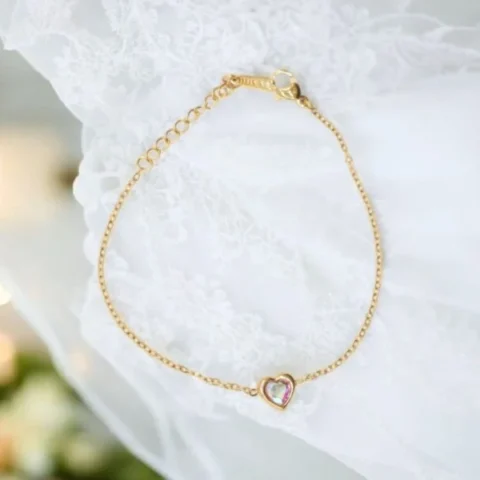 Dainty Gold Bracelet with Crystal Heart Charm