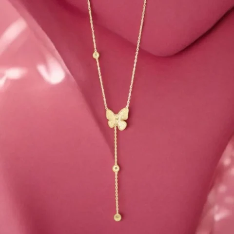 Gold Butterfly Drop Pendant – Delicate Lariat Style Necklace