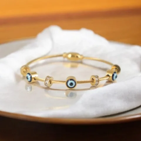 Guardian Glint Bracelet – Evil Eye Beads on Gold Cable Design