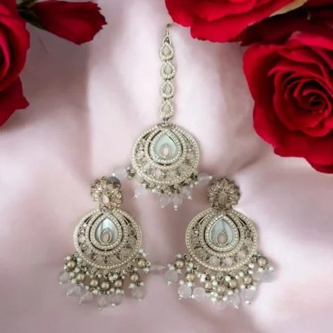 Gulabi Shabnam Earrings with Tikka - Artificial Ear Rings