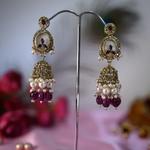 Gulbadan Pearls Purple and White Jhumkis - Artificial Ear Rings