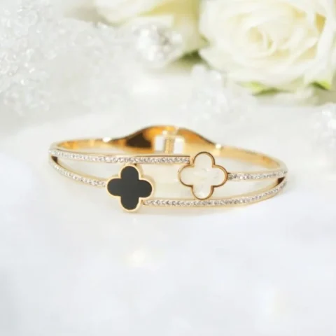 Monochrome Grace Dual Clover Charm with Crystal Bands